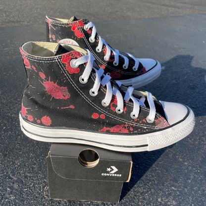 Blood Splatter Black High Tops - Custom High Top Converse murder spooky scary horror half way to halloween costume knife fake blood splatter