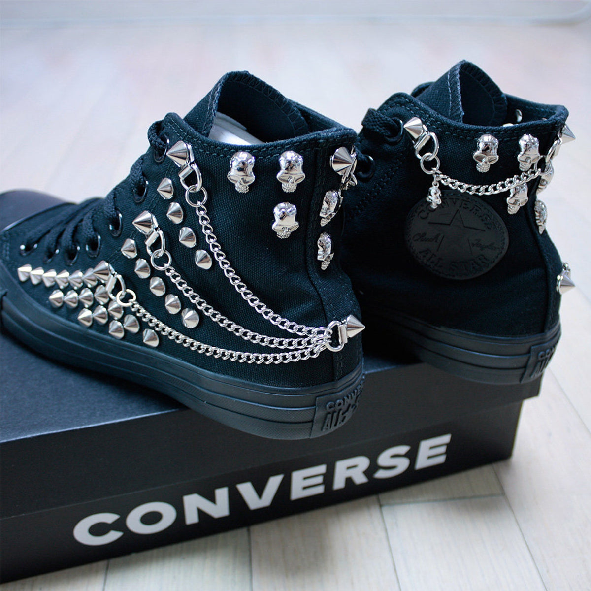 Studded CONVERSE Chucks Sneakers High Tops Monocrome-Black with Chains & Skulls Shoes Goth Metallica Spike Punk Rock