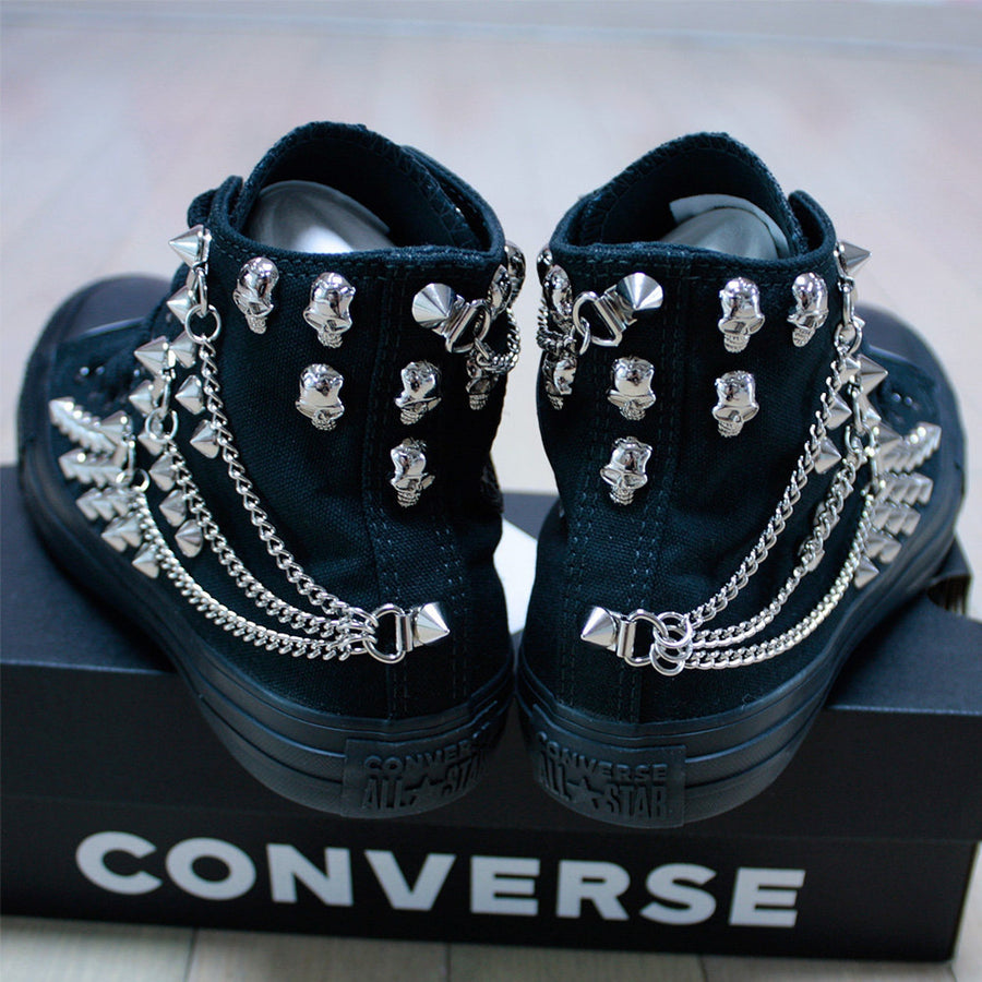Studded CONVERSE Chucks Sneakers High Tops Monocrome-Black with Chains & Skulls Shoes Goth Metallica Spike Punk Rock