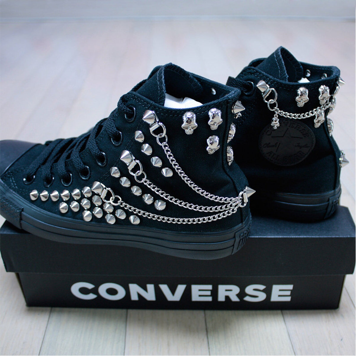 Studded CONVERSE Chucks Sneakers High Tops Monocrome-Black with Chains & Skulls Shoes Goth Metallica Spike Punk Rock