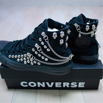 Studded CONVERSE Chucks Sneakers High Tops Monocrome-Black with Chains & Skulls Shoes Goth Metallica Spike Punk Rock