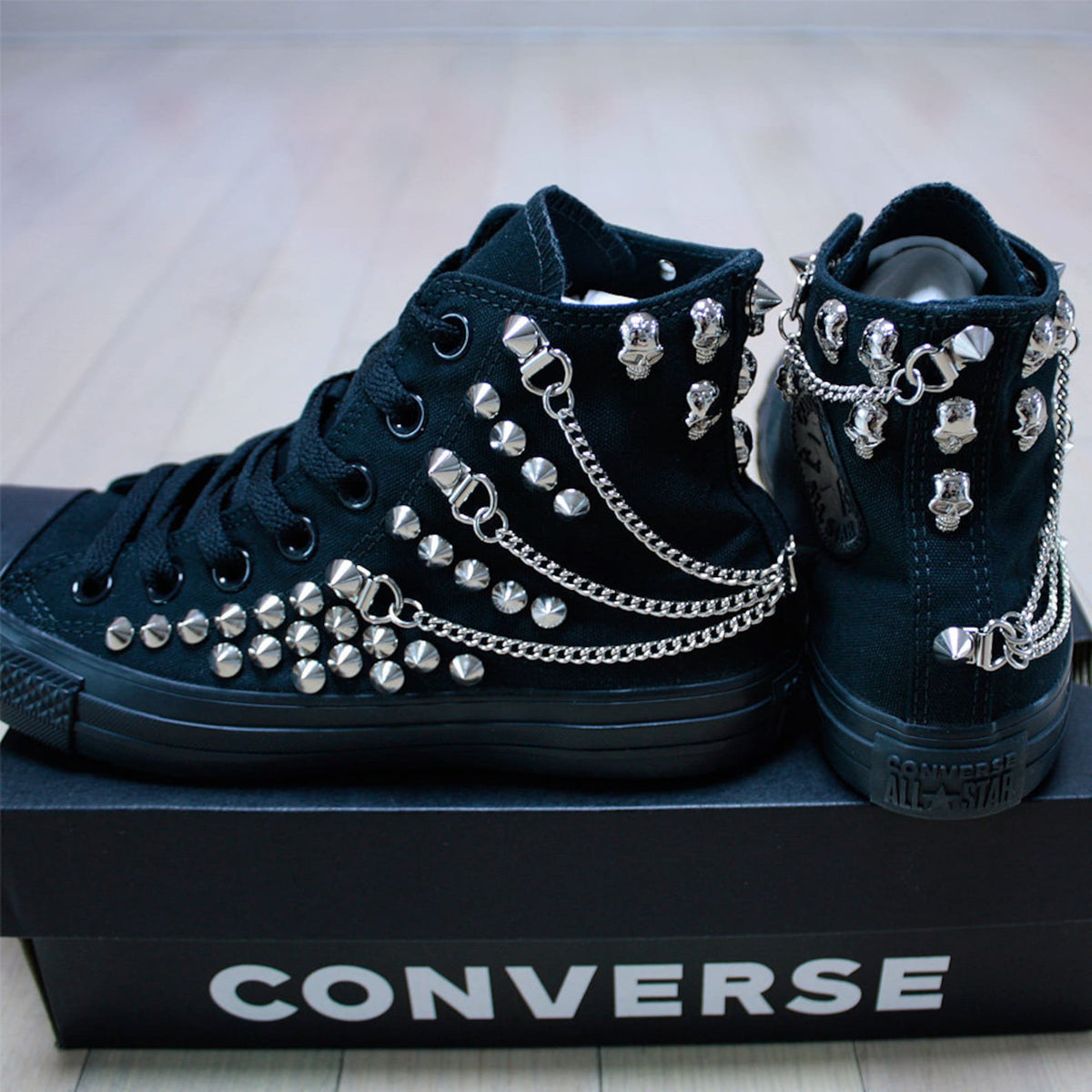 Studded CONVERSE Chucks Sneakers High Tops Monocrome-Black with Chains & Skulls Shoes Goth Metallica Spike Punk Rock