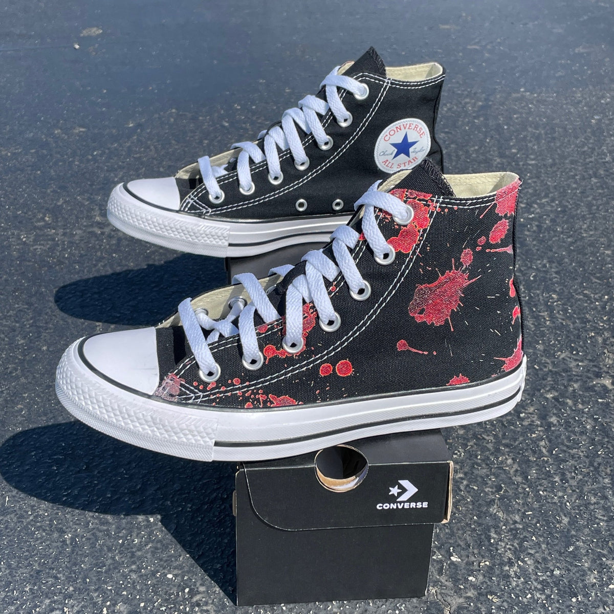 Blood Splatter Black High Tops - Custom High Top Converse murder spooky scary horror half way to halloween costume knife fake blood splatter