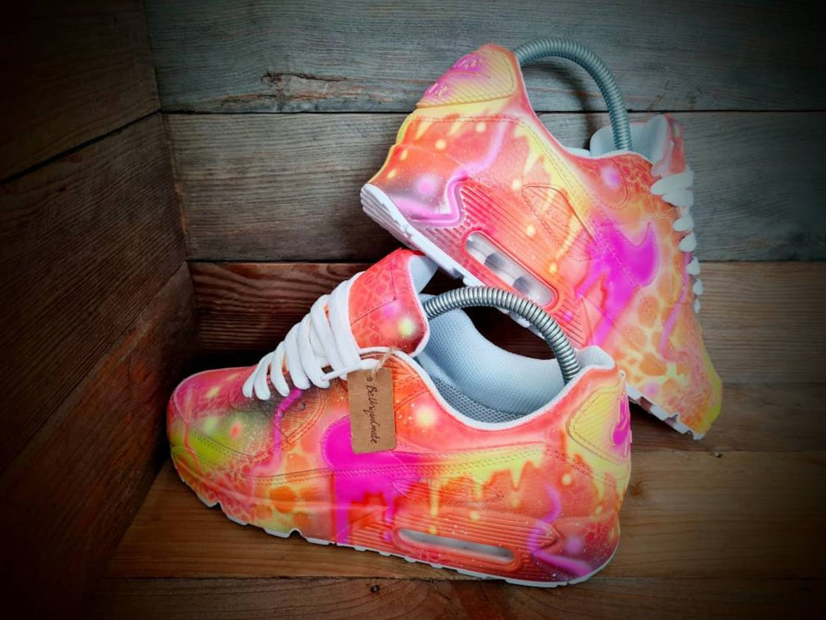 Custom Painted Air Max 90/Sneakers/Shoes/Kicks/Premium/Personalised/Orange-Yellow Graffiti