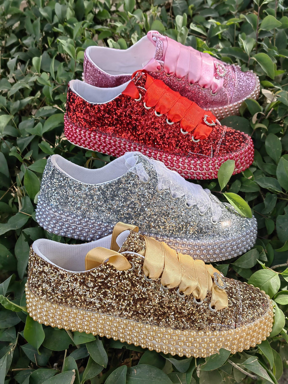 Customizable Glitter Bridal Shoes, Pearl Detail, Wedding Party Sneakers