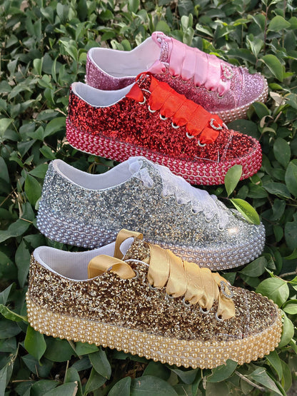 Customizable Glitter Bridal Shoes, Pearl Detail, Wedding Party Sneakers