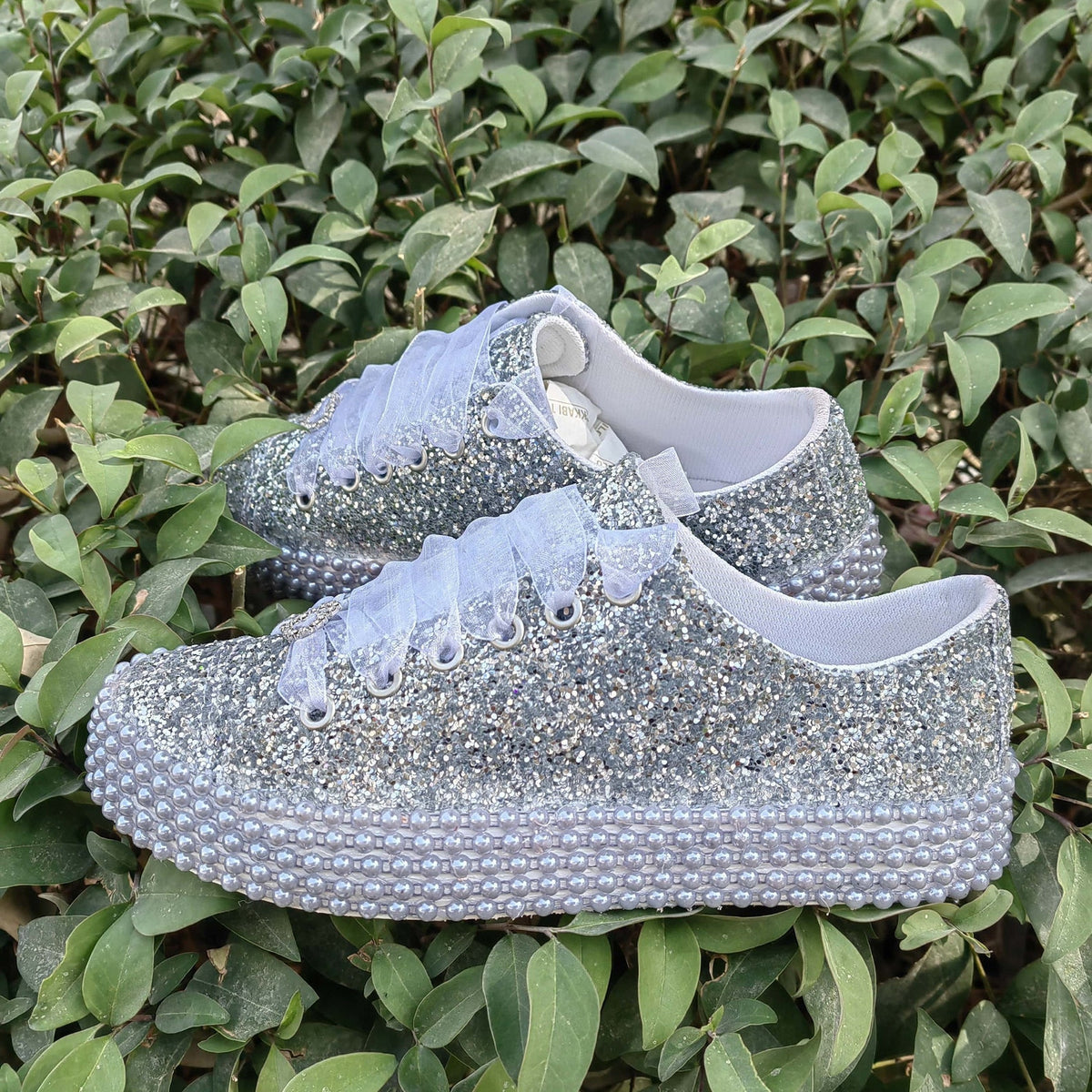 Customizable Glitter Bridal Shoes, Pearl Detail, Wedding Party Sneakers