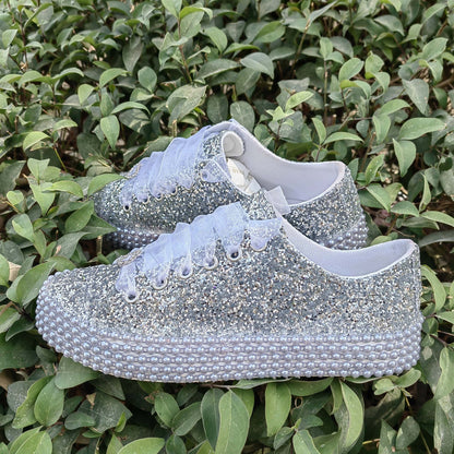 Customizable Glitter Bridal Shoes, Pearl Detail, Wedding Party Sneakers