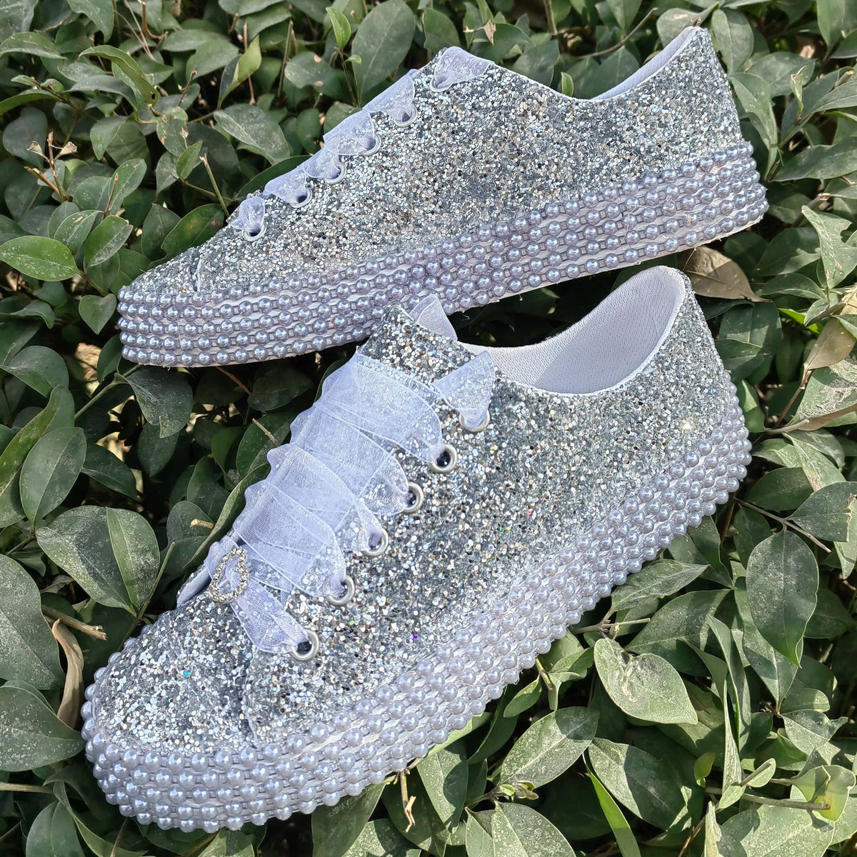 Customizable Glitter Bridal Shoes, Pearl Detail, Wedding Party Sneakers