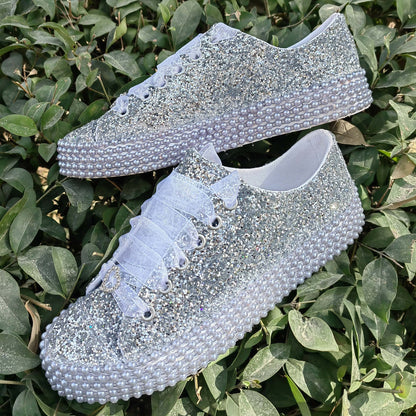 Customizable Glitter Bridal Shoes, Pearl Detail, Wedding Party Sneakers