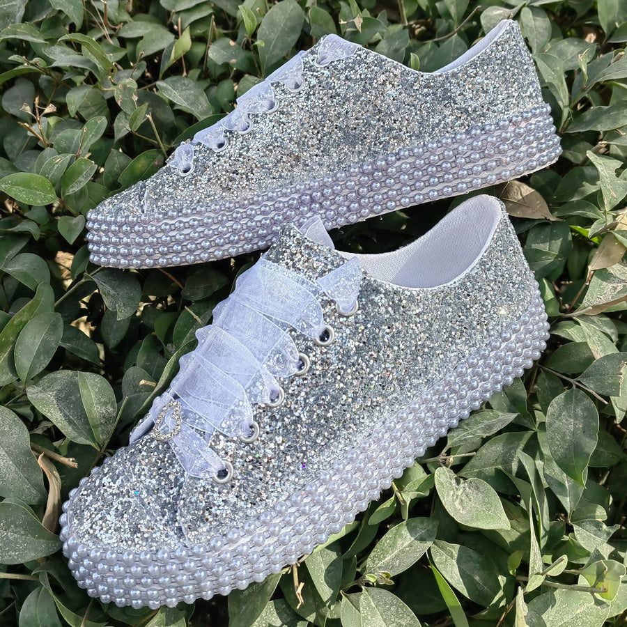 Customizable Glitter Bridal Shoes, Pearl Detail, Wedding Party Sneakers