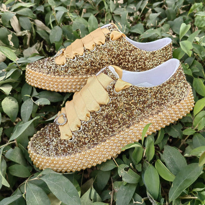 Customizable Glitter Bridal Shoes, Pearl Detail, Wedding Party Sneakers