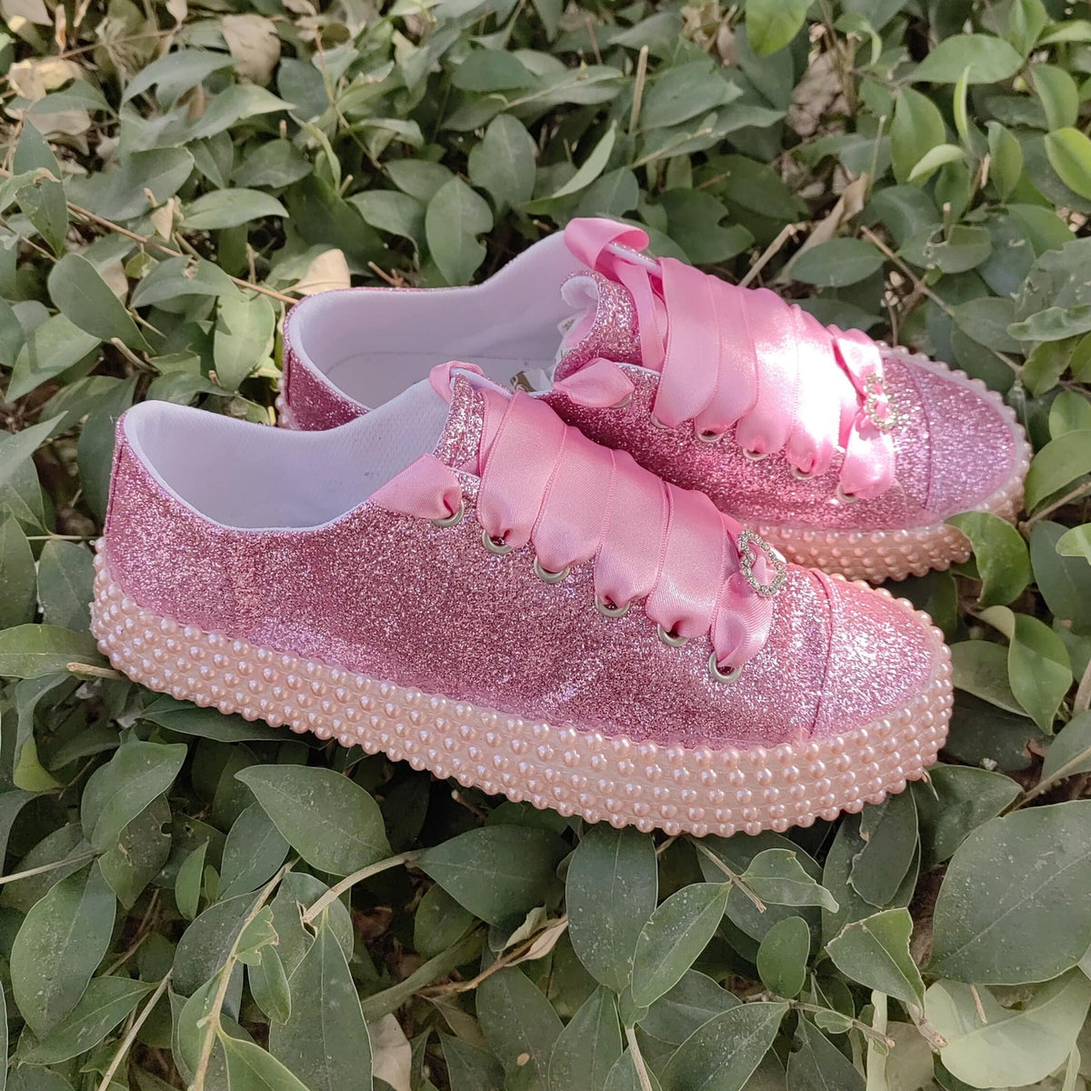 Customizable Glitter Bridal Shoes, Pearl Detail, Wedding Party Sneakers
