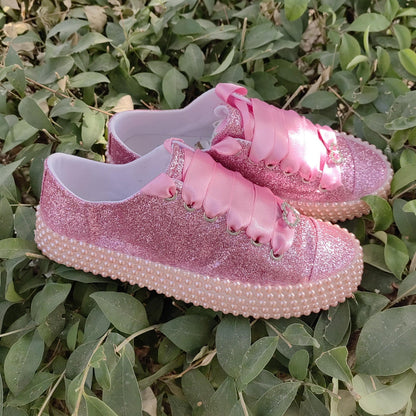 Customizable Glitter Bridal Shoes, Pearl Detail, Wedding Party Sneakers