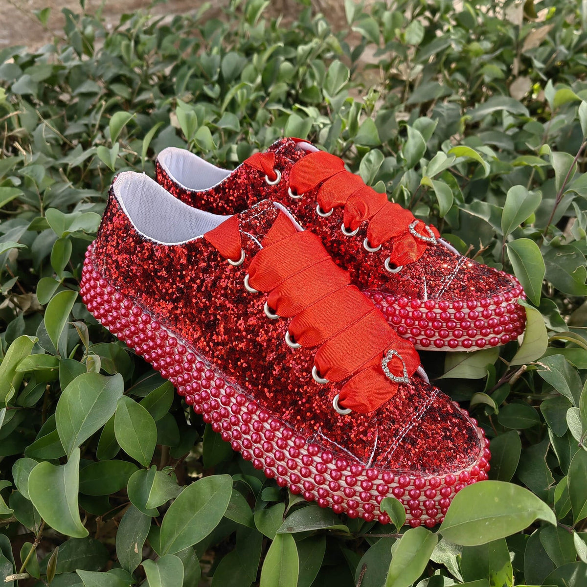 Customizable Glitter Bridal Shoes, Pearl Detail, Wedding Party Sneakers