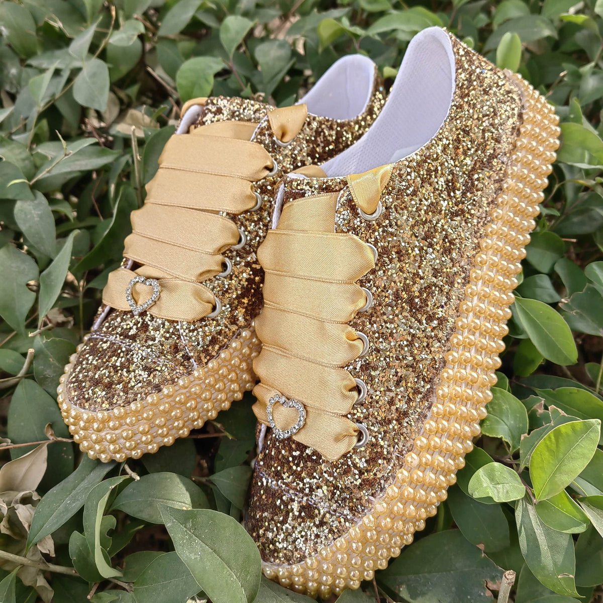Customizable Glitter Bridal Shoes, Pearl Detail, Wedding Party Sneakers