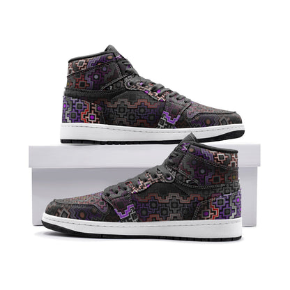 Shadow Work Unisex High Top Sneakers, Psychedelic Geometric Shoes, Black Purple Streetwear, Alternative Festival Fashion, Rave Shoes