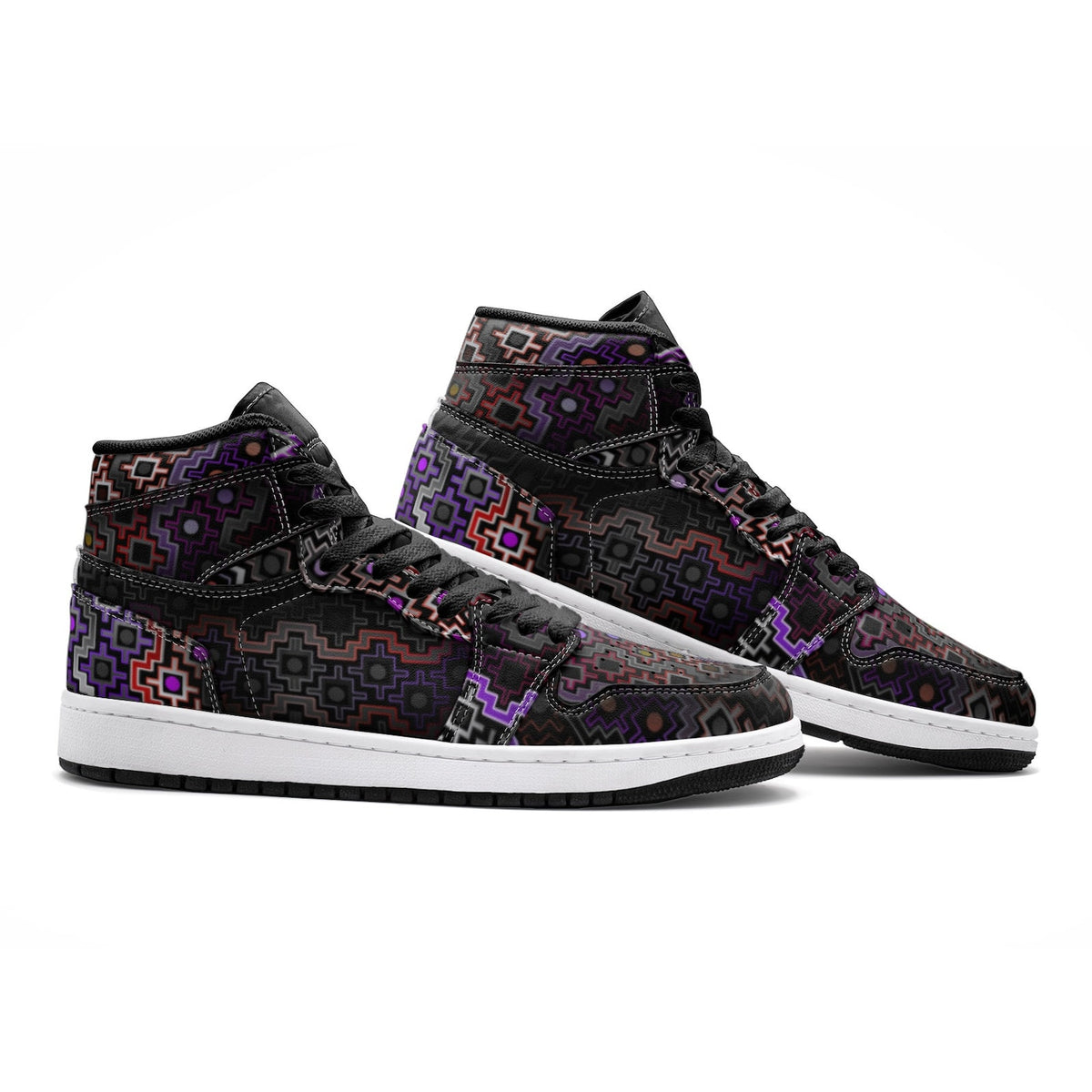 Shadow Work Unisex High Top Sneakers, Psychedelic Geometric Shoes, Black Purple Streetwear, Alternative Festival Fashion, Rave Shoes