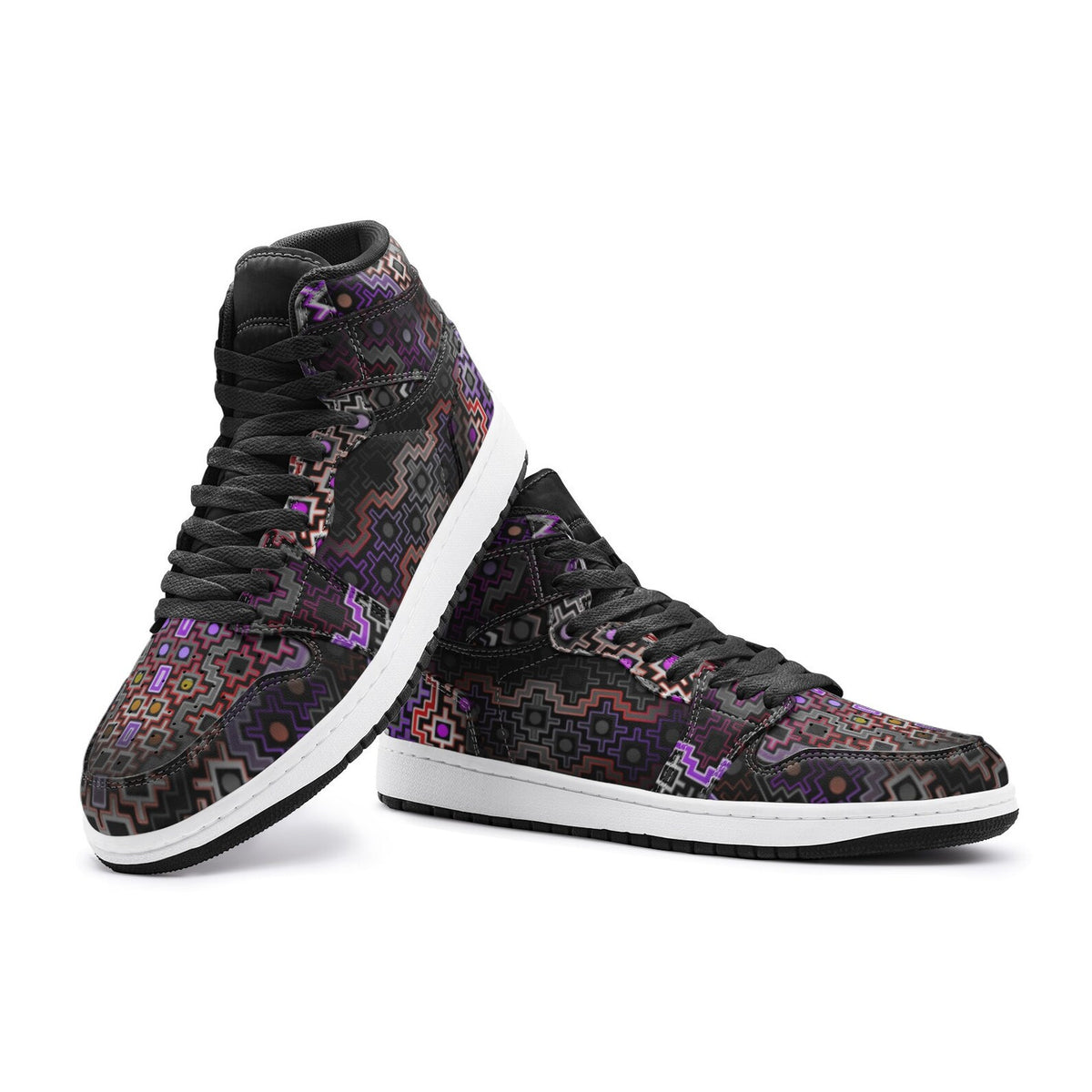 Shadow Work Unisex High Top Sneakers, Psychedelic Geometric Shoes, Black Purple Streetwear, Alternative Festival Fashion, Rave Shoes
