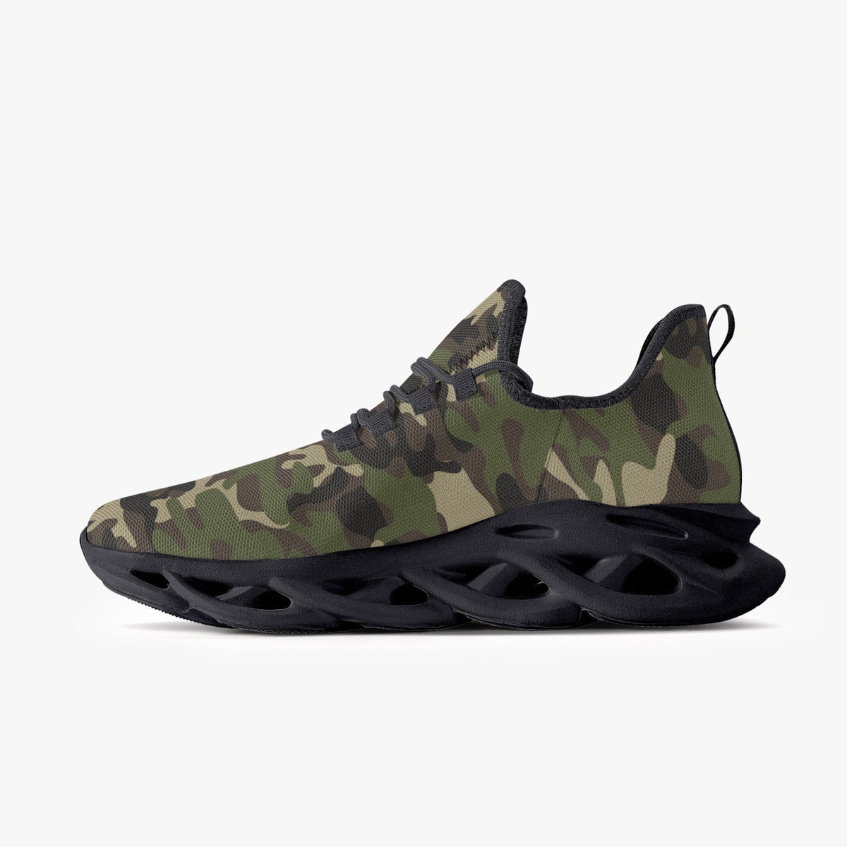 Camo Sneakers, Green Army Camouflage Bouncing Mesh Men Women Knit Running Athletic Sport Workout Breathable Lace Up Fitness Shoes Trainers
