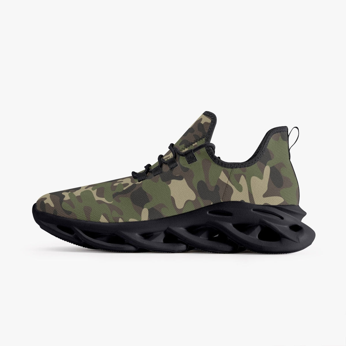 Camo Sneakers, Green Army Camouflage Bouncing Mesh Men Women Knit Running Athletic Sport Workout Breathable Lace Up Fitness Shoes Trainers