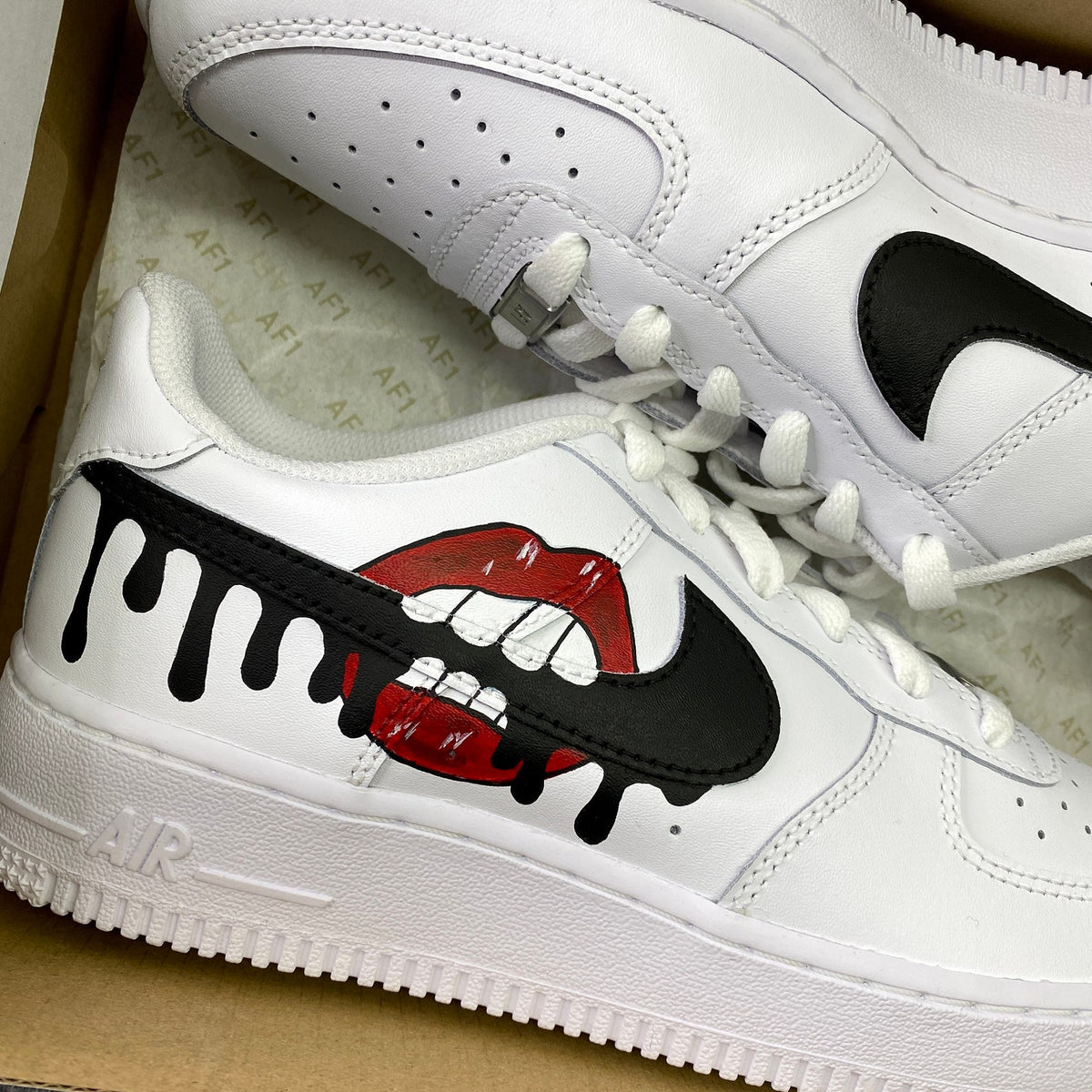 Nike Air Force 1, Red Drip Lips, Biting Swoosh, Custom Sneakers