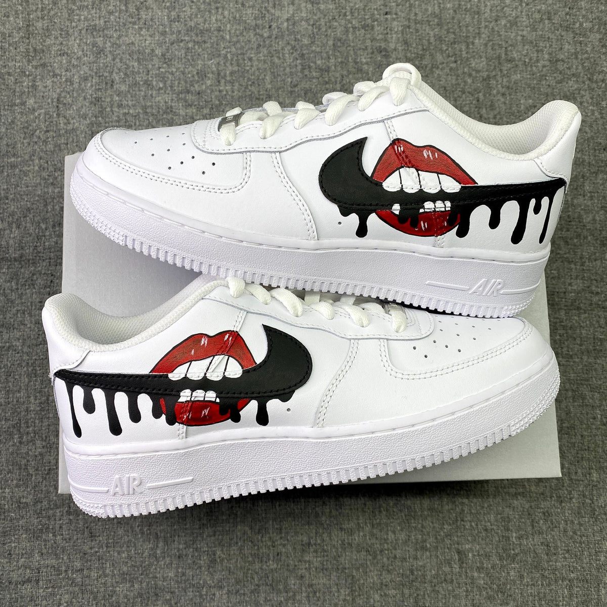 Nike Air Force 1, Red Drip Lips, Biting Swoosh, Custom Sneakers