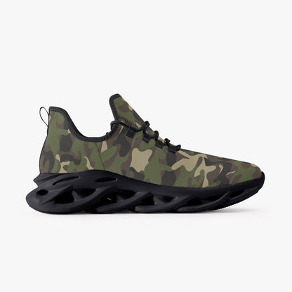 Camo Sneakers, Green Army Camouflage Bouncing Mesh Men Women Knit Running Athletic Sport Workout Breathable Lace Up Fitness Shoes Trainers