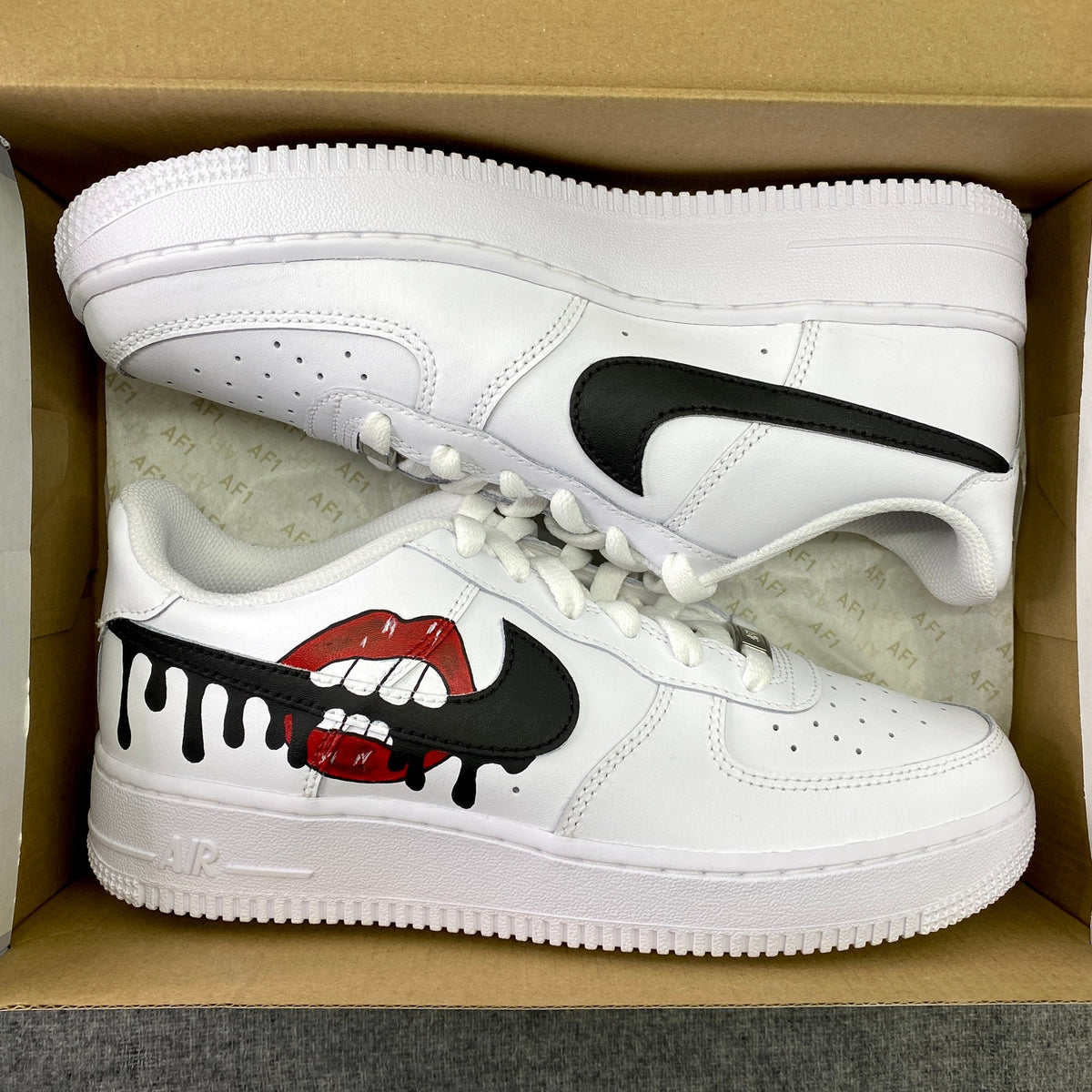 Nike Air Force 1, Red Drip Lips, Biting Swoosh, Custom Sneakers