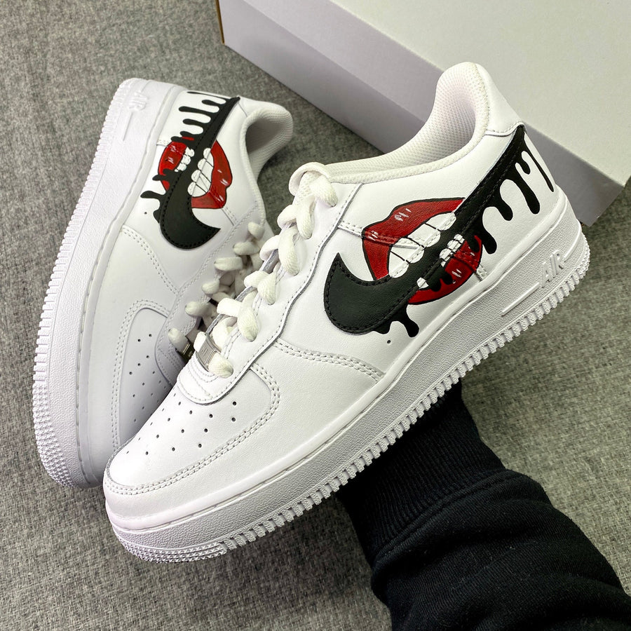 Nike Air Force 1, Red Drip Lips, Biting Swoosh, Custom Sneakers