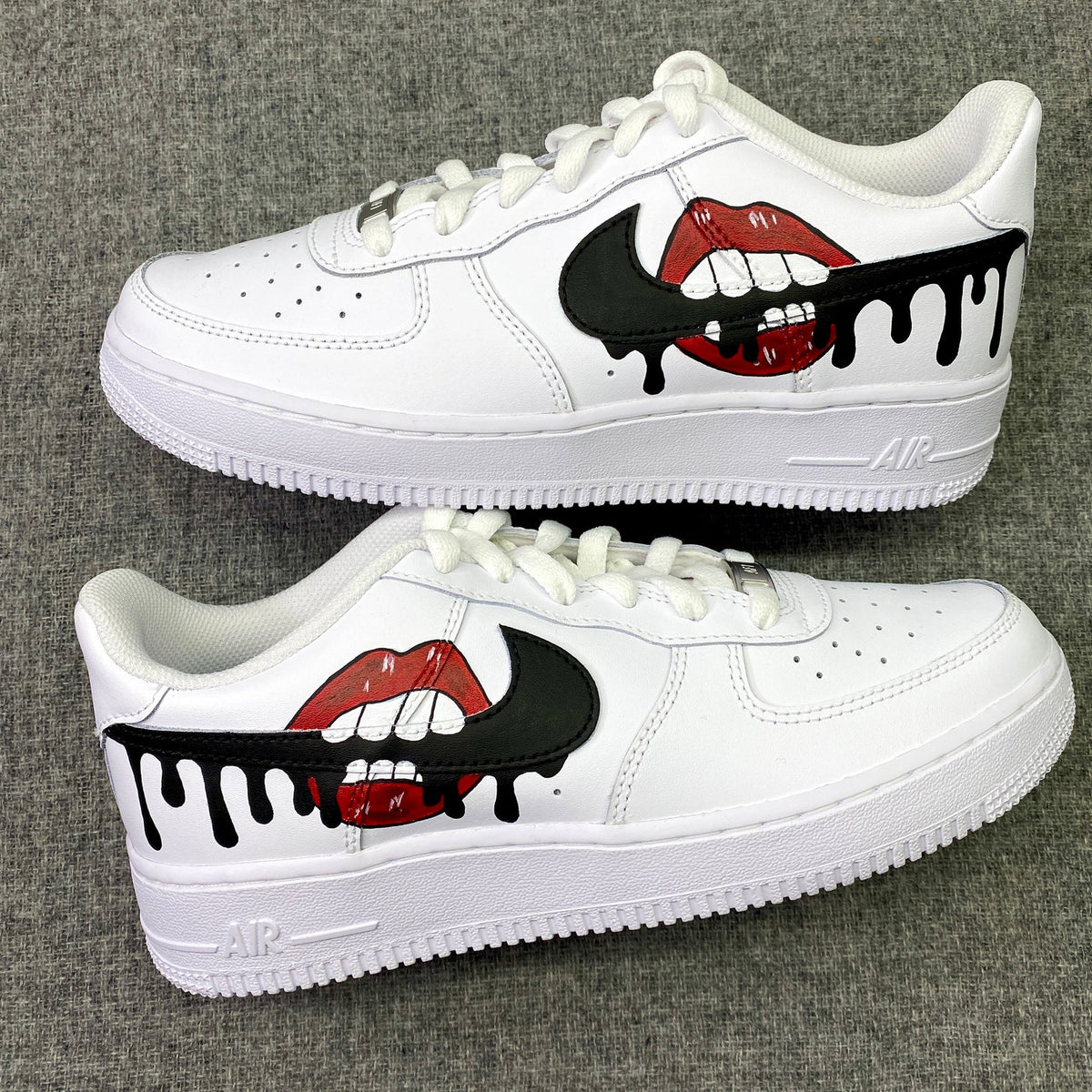 Nike Air Force 1, Red Drip Lips, Biting Swoosh, Custom Sneakers