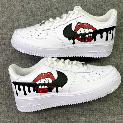 Nike Air Force 1, Red Drip Lips, Biting Swoosh, Custom Sneakers