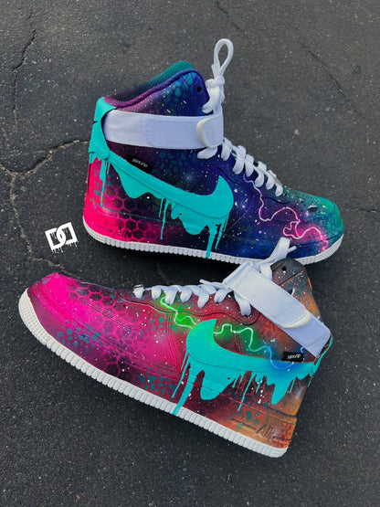 Custom Galaxy Drip AF1 Sneakers – Hand-Painted Freestyle Galaxy Print – South Beach Drip Design – Scratch & Water Resistant