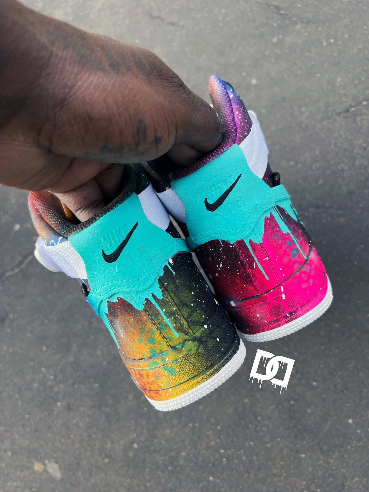 Custom Galaxy Drip AF1 Sneakers – Hand-Painted Freestyle Galaxy Print – South Beach Drip Design – Scratch & Water Resistant
