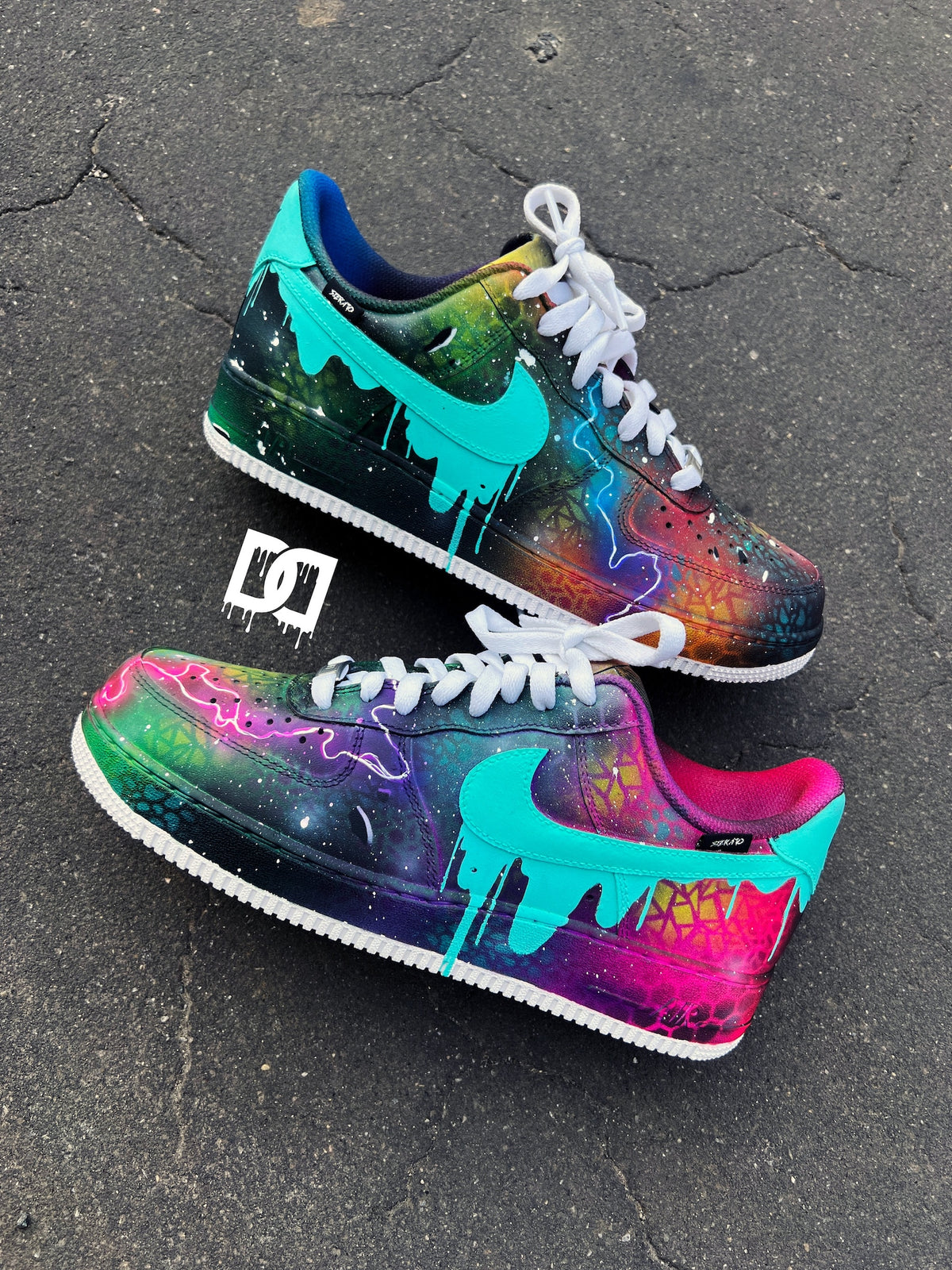 Custom Galaxy Drip AF1 Sneakers – Hand-Painted Freestyle Galaxy Print – South Beach Drip Design – Scratch & Water Resistant