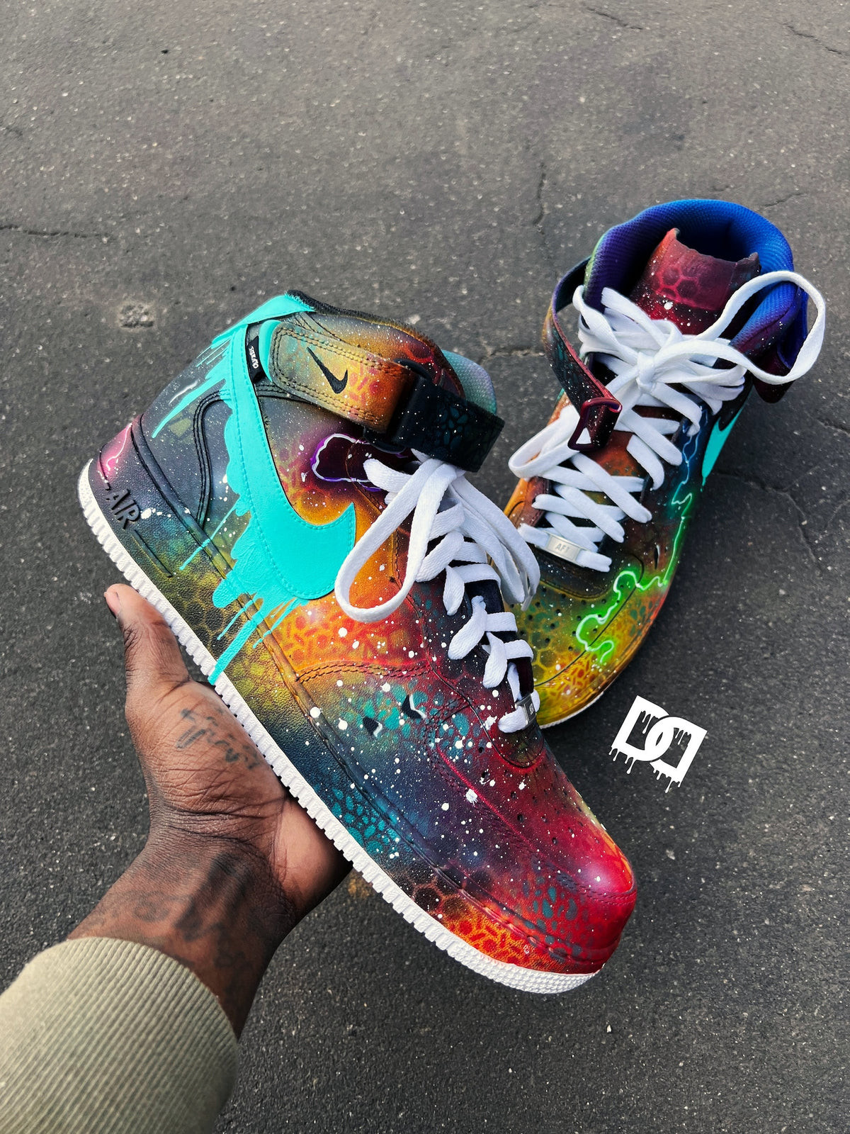 Custom Galaxy Drip AF1 Sneakers – Hand-Painted Freestyle Galaxy Print – South Beach Drip Design – Scratch & Water Resistant
