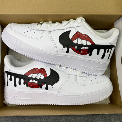 Nike Air Force 1, Red Drip Lips, Biting Swoosh, Custom Sneakers