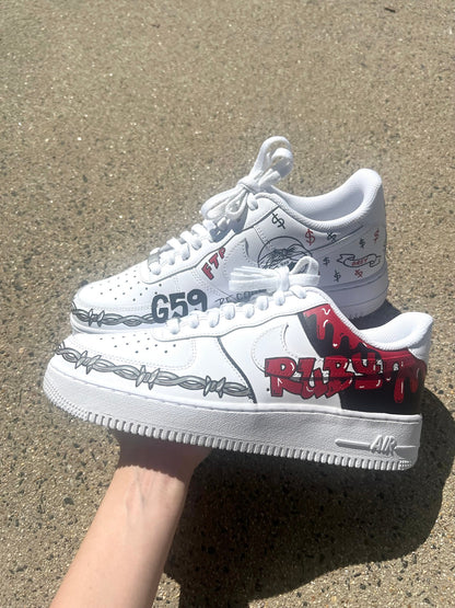 Custom Air Force 1s black and red artist themed