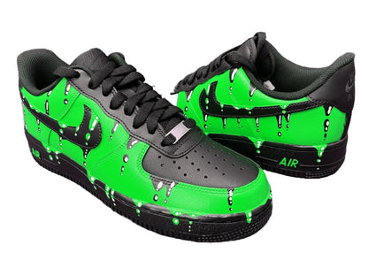 Customized AIR FORCE 1 Green Fluo Drops Sneakers | Handpainted and Airbrushed | Custom Shoes Airbrush Art