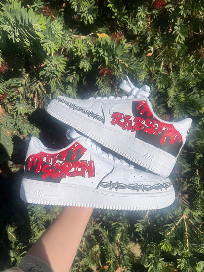 Custom Air Force 1s black and red artist themed