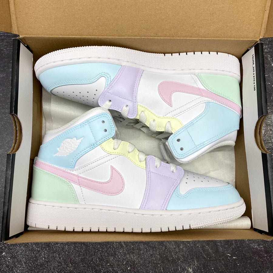 Custom Jordan 1 Mid, Rainbow Pastel Colors, Back to School, Nike Air, Easter Style, Girls, Womens, Mens, Lilac, Pink, Blue, Green, Yellow