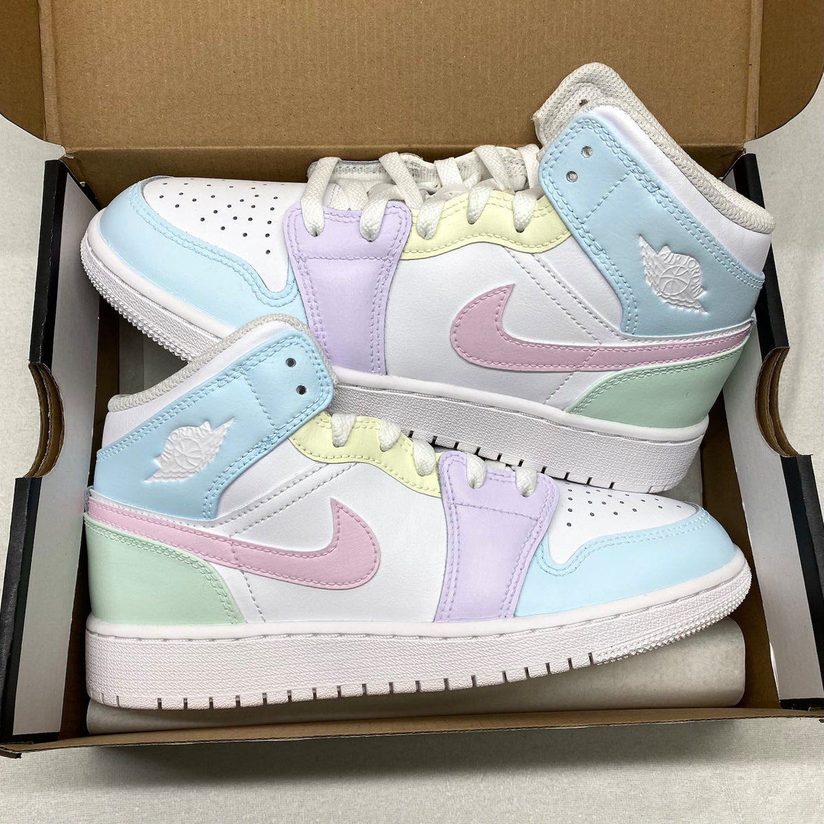 Custom Jordan 1 Mid, Rainbow Pastel Colors, Back to School, Nike Air, Easter Style, Girls, Womens, Mens, Lilac, Pink, Blue, Green, Yellow