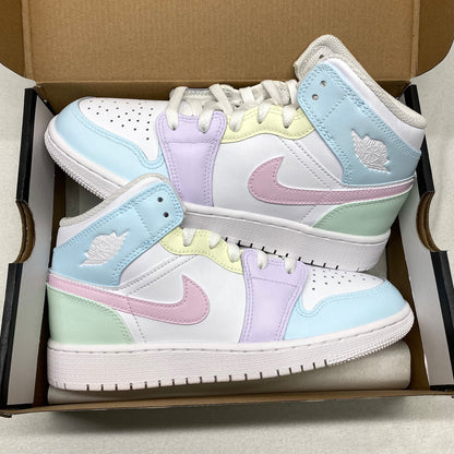 Custom Jordan 1 Mid, Rainbow Pastel Colors, Back to School, Nike Air, Easter Style, Girls, Womens, Mens, Lilac, Pink, Blue, Green, Yellow
