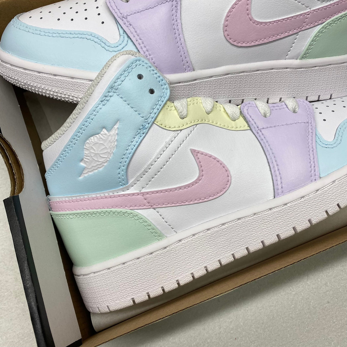 Custom Jordan 1 Mid, Rainbow Pastel Colors, Back to School, Nike Air, Easter Style, Girls, Womens, Mens, Lilac, Pink, Blue, Green, Yellow
