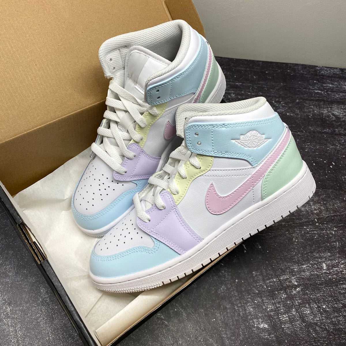 Custom Jordan 1 Mid, Rainbow Pastel Colors, Back to School, Nike Air, Easter Style, Girls, Womens, Mens, Lilac, Pink, Blue, Green, Yellow