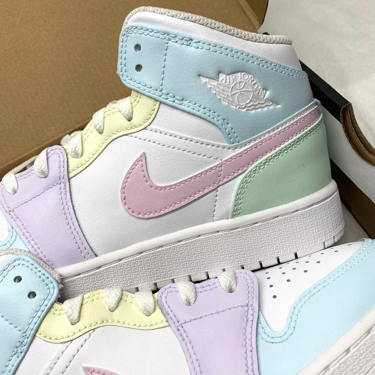 Custom Jordan 1 Mid, Rainbow Pastel Colors, Back to School, Nike Air, Easter Style, Girls, Womens, Mens, Lilac, Pink, Blue, Green, Yellow