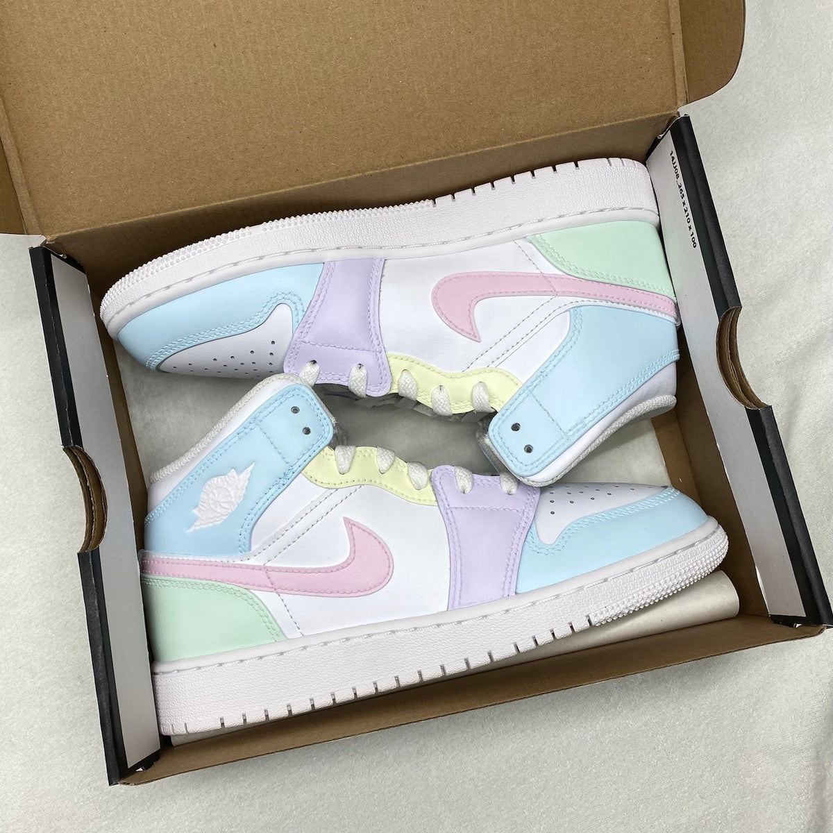 Custom Jordan 1 Mid, Rainbow Pastel Colors, Back to School, Nike Air, Easter Style, Girls, Womens, Mens, Lilac, Pink, Blue, Green, Yellow