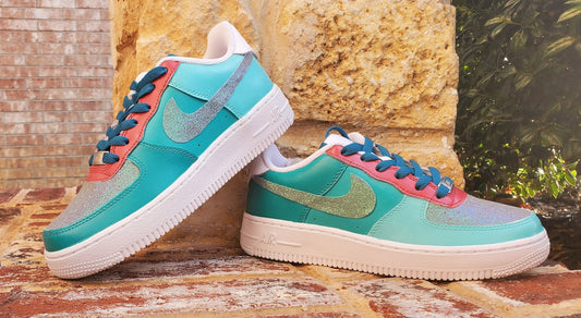 Custom Glitter Teal and Pink Shoes/ Air Force Ones/ Custom Shoes