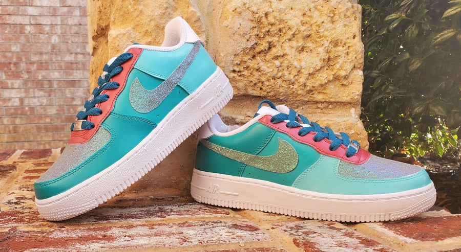 Custom Glitter Teal and Pink Shoes/ Air Force Ones/ Custom Shoes