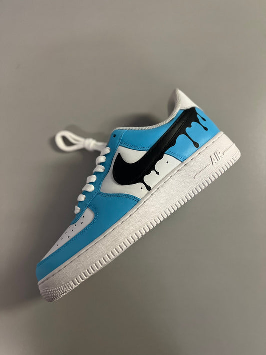 Custom Hand Painted Nike Air Force 1 Baby Blue with Black Dripping Nike Swoosh